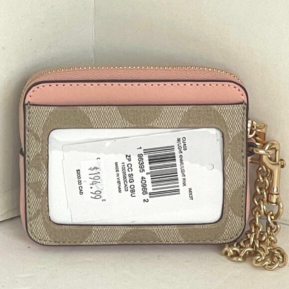 Coach Observed By Us Zip Card Case Khaki Signature Canvas Pink - Picture 3 of 7